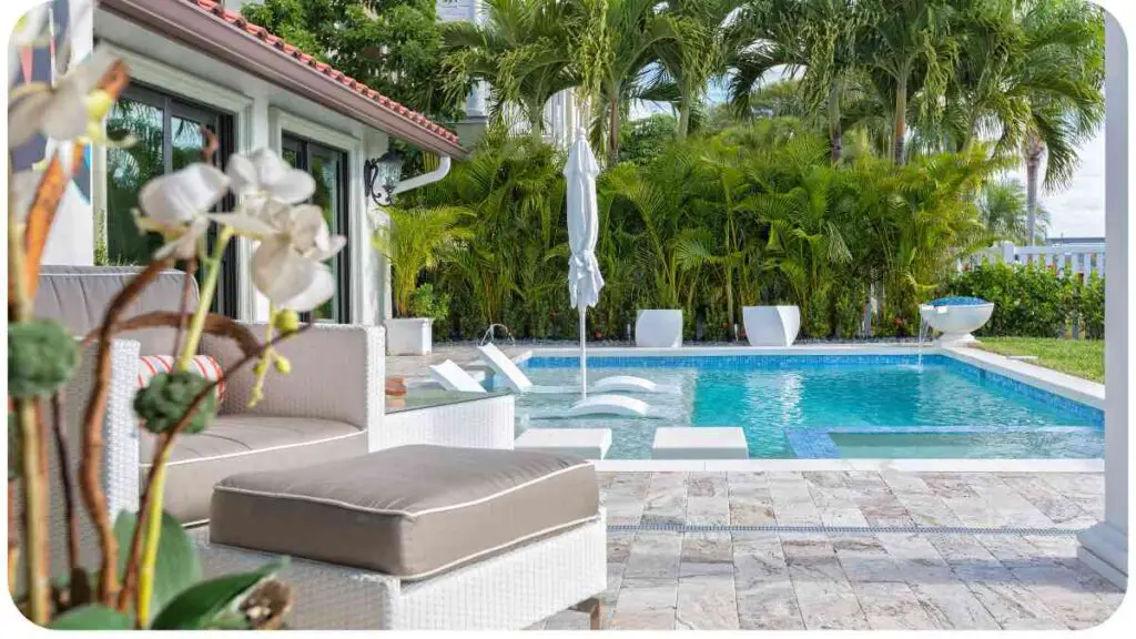 a pool and patio area with white wicker furniture